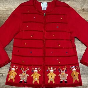 Quacker Factory 1X Christmas Knit Red Cardigan Sweater Full Zip Reindeer Beaded